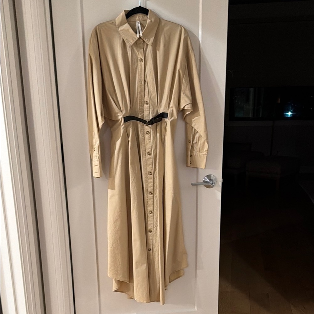 Anthropology Beige Button-Front Shirt Dress with Belt